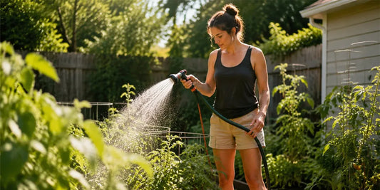 home gardener watering vegetables in a sunny backyard garden