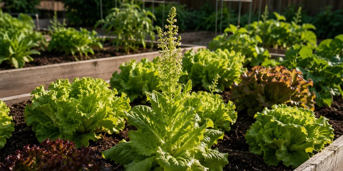 mature lettuce plant beginning to bolt with a tall central flower