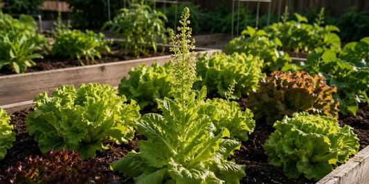 mature lettuce plant beginning to bolt with a tall central flower
