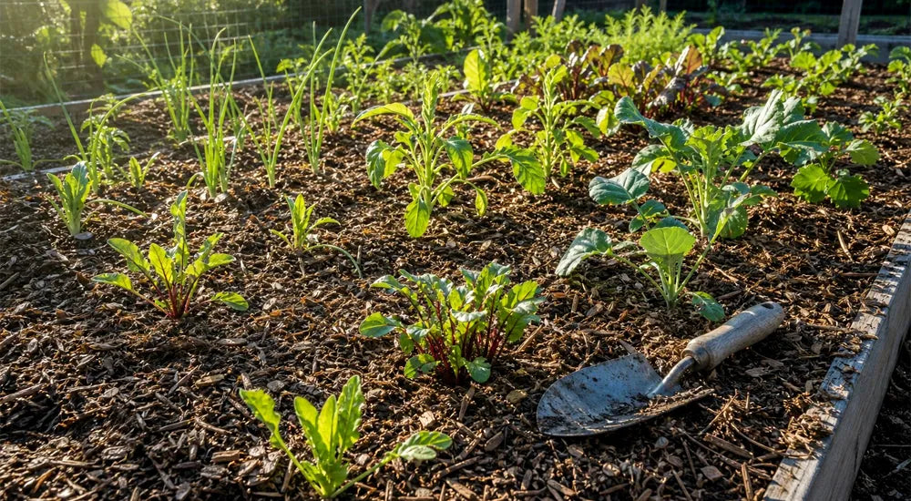 vegetable garden bed freshly mulched with wood chips