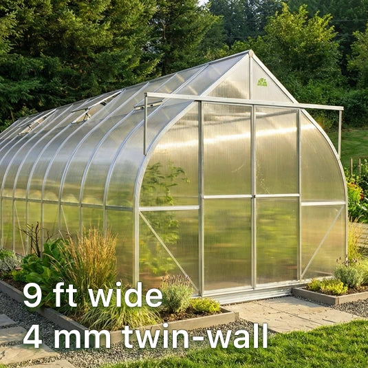 Gotic arch drop-shaped 4mm twin-wall polycarbonate greenhouse 9 feet wide for sale