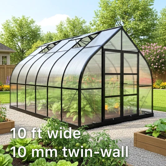 Gotic arch drop-shaped 10mm twin-wall polycarbonate greenhouse 10 feet wide for sale