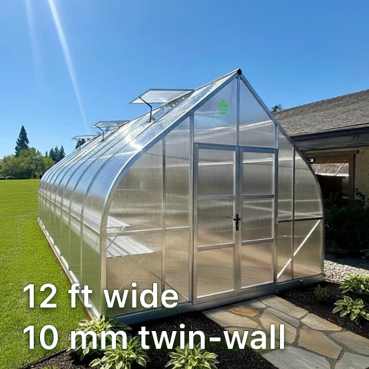 Gotic arch drop-shaped 10mm twin-wall polycarbonate greenhouse 12 feet wide for sale