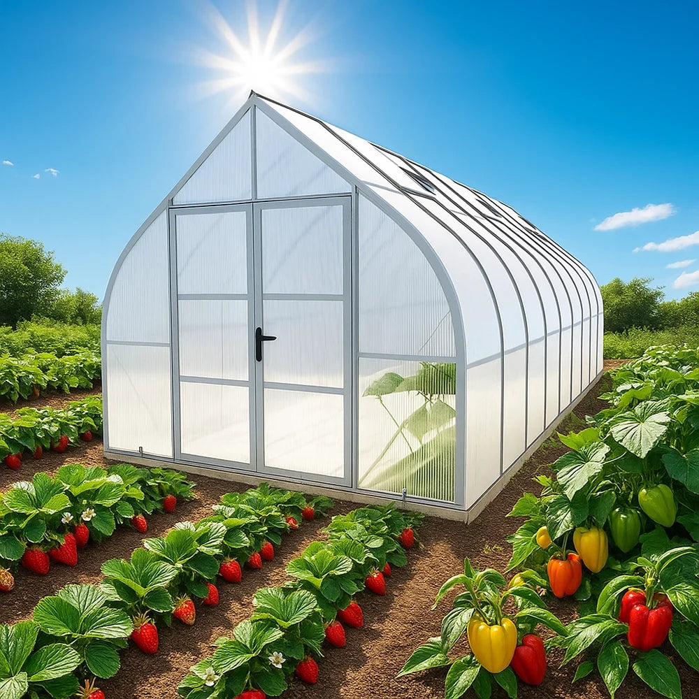 Greenhouse with plants and vegetables on a sunny day