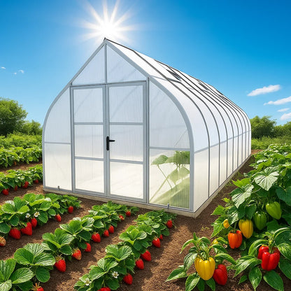 Greenhouse with plants and vegetables on a sunny day