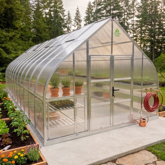 Greenhouse with plants and vegetables on a cloudy day