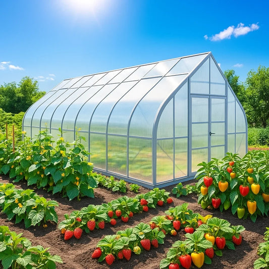 Greenhouse with rows of plants and vegetables on a sunny day