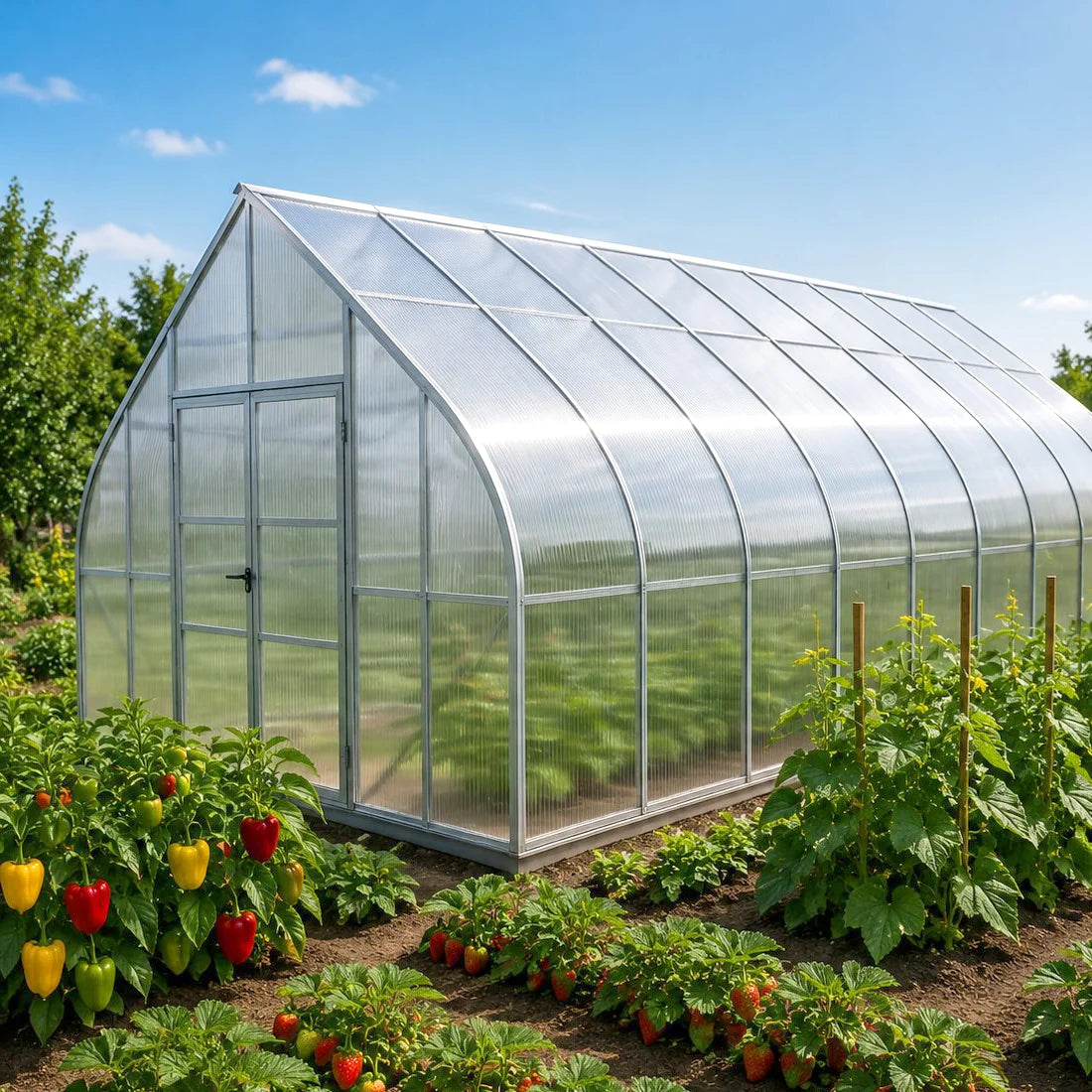 Greenhouse with rows of plants and vegetables on a sunny day