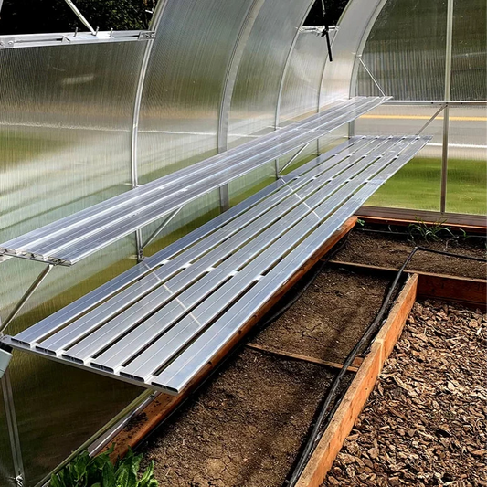 Two-tier aluminum Greenhouse Shelving 7′, 12′, 14′