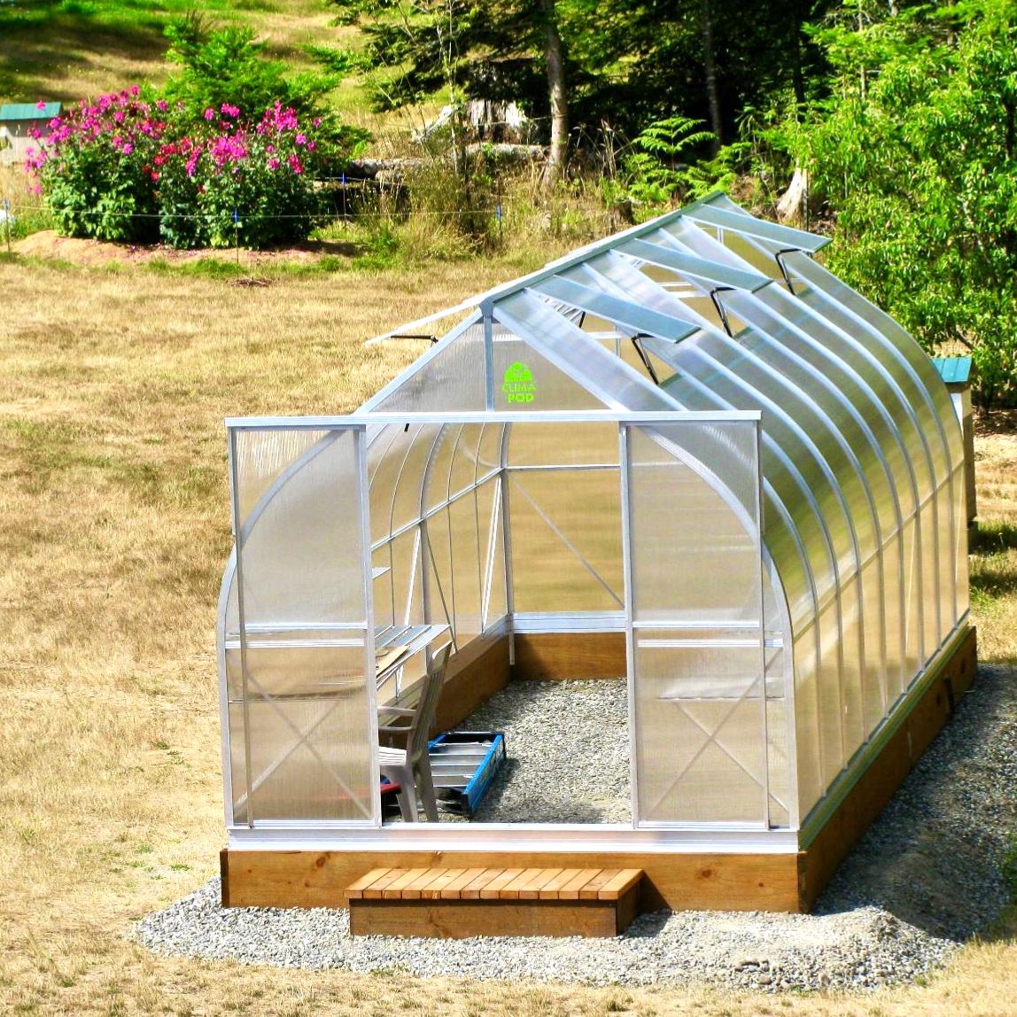 ClimaPod Virtue 9x21 Sliding Doors Greenhouse aluminum with 6mm polycarbonate top view roof windows opened