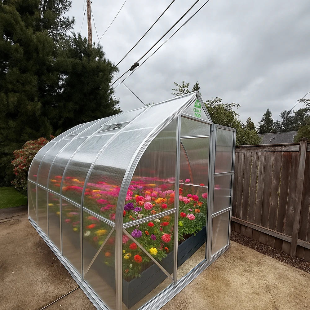 Greenhouse with colorful flowers in a backyard setting