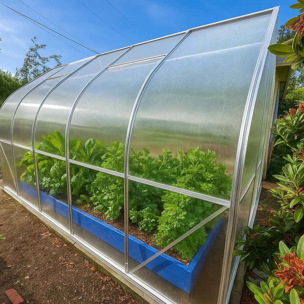Green plants growing in a blue planter box inside a transparent greenhouse with a blue sky background.