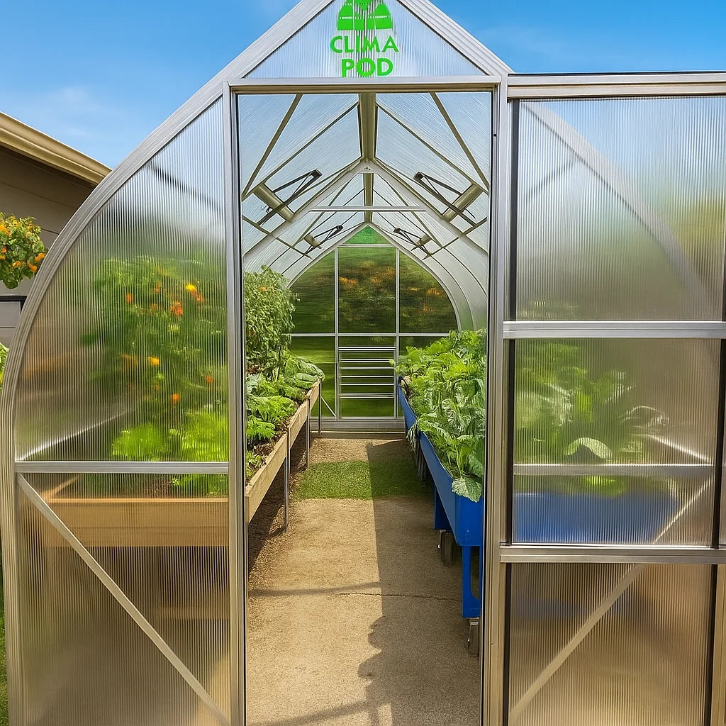 Greenhouse with plants inside, featuring the Clima Pod logo.