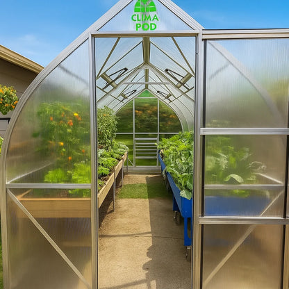 Greenhouse with plants inside, featuring the Clima Pod logo.