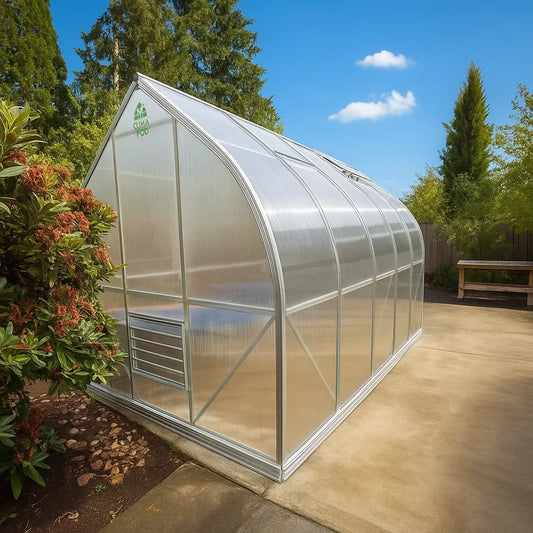 Greenhouse in a garden setting with trees and a clear sky