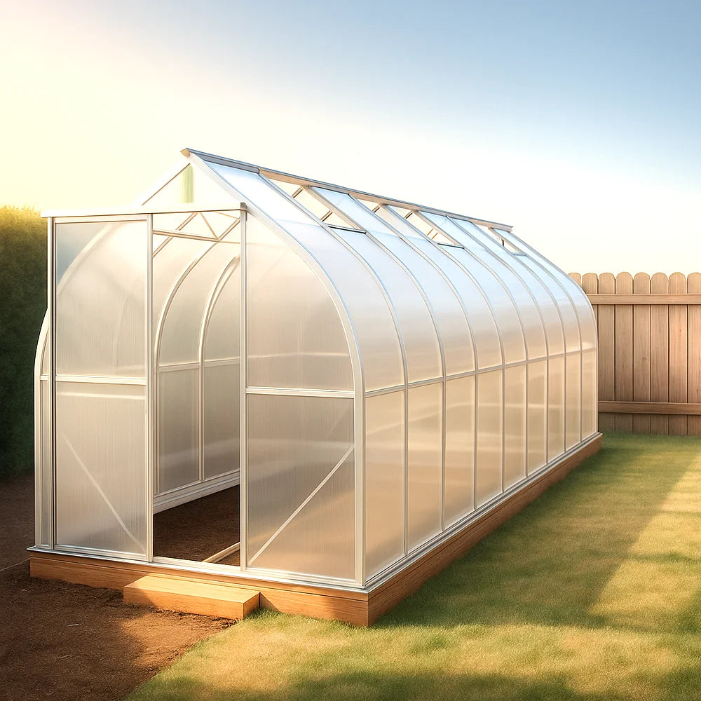 Polycarbonate greenhouse on a grassy area with a wooden fence in the background