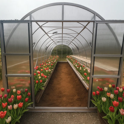 Greenhouse with rows of tulips on either side