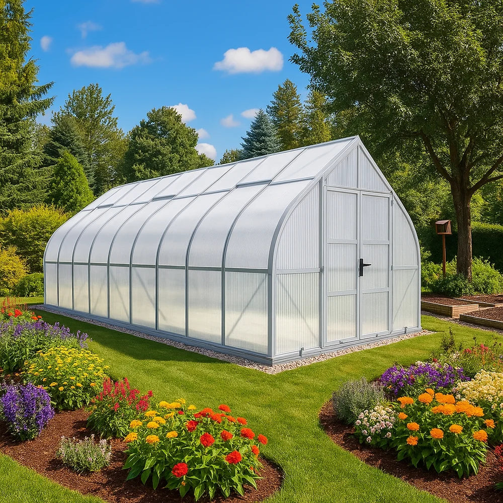 Greenhouse with a garden and flowers in the foreground