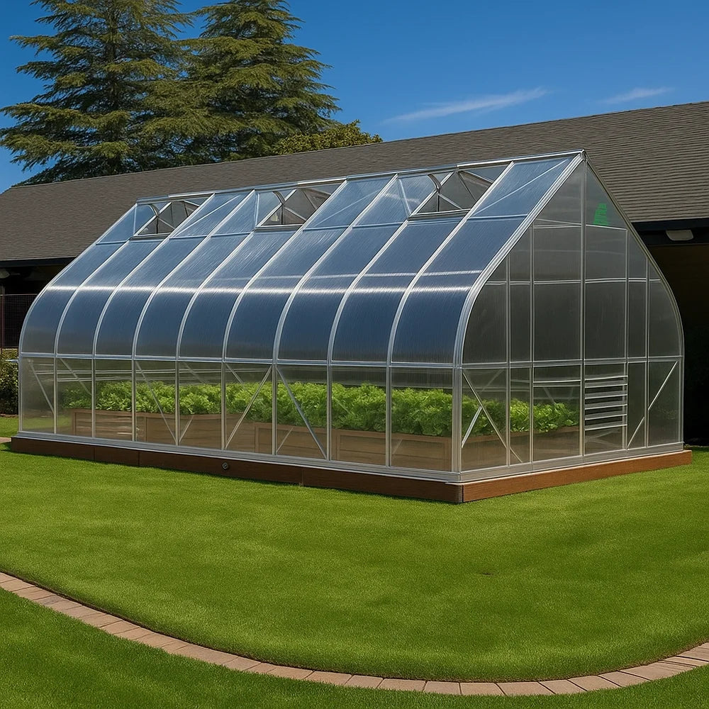 Greenhouse with plants on a grassy area with trees in the background