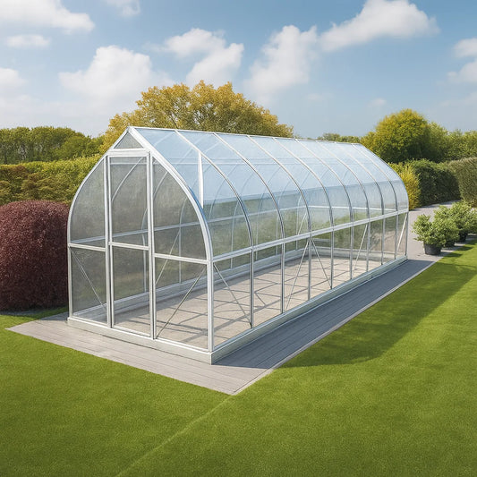 ClimaPod Spirit 7x21 greenhouse on backyard green grass