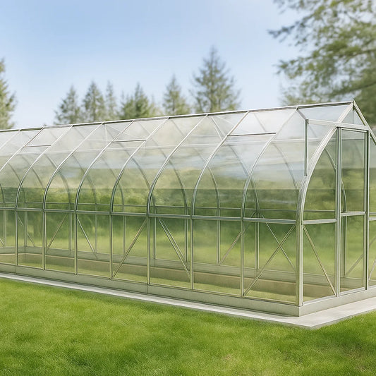 Spirit 7x35 large greenhouse on a concrete basement