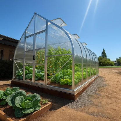 Greenhouse with plants growing inside, set against a clear blue sky.