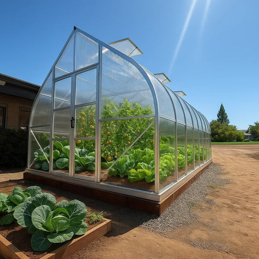Greenhouse with plants growing inside, set against a clear blue sky.