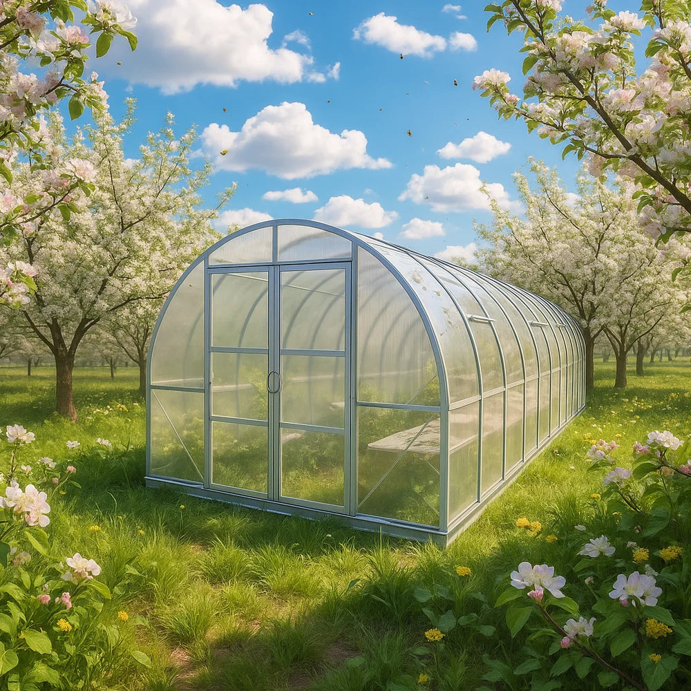 Glass greenhouse in a garden with blooming trees and flowers