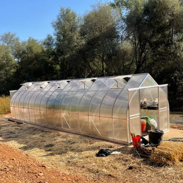 ClimaPod Virtue 9x35 Sliding Doors Greenhouse with doors and roof windows opened